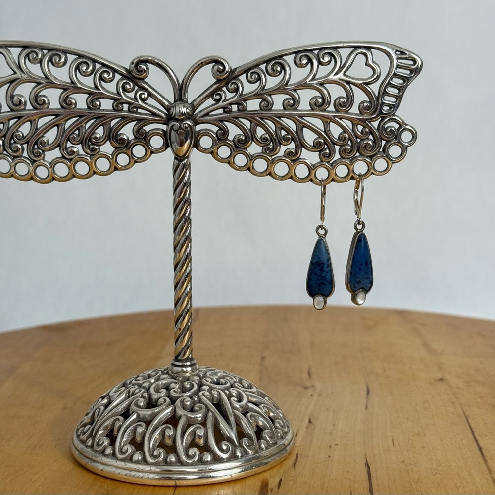 Sterling Silver Dangle Drop Earrings, Sodalite/ Lapis Lazuli & Moonstones Signed